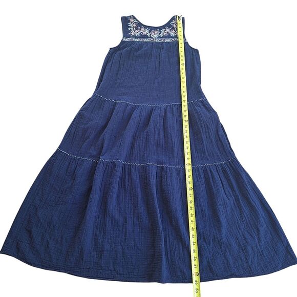 Max Studio Embroidered Sleeveless Dress Pockets Tiered Cotton Gauze XS Navy Blue - Picture 11 of 16